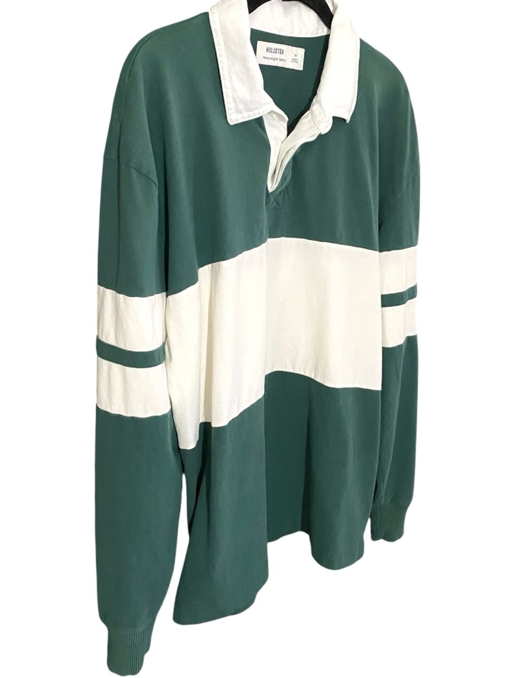 Hollister Green Rugby Shirt M Heavyweight Cotton Striped Long Sleeve Preppy - Picture 5 of 8